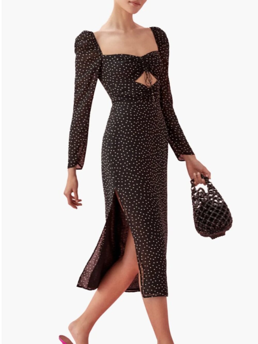 Reformation Black Polka Dot Long Sleeve Midi Dress Size 0